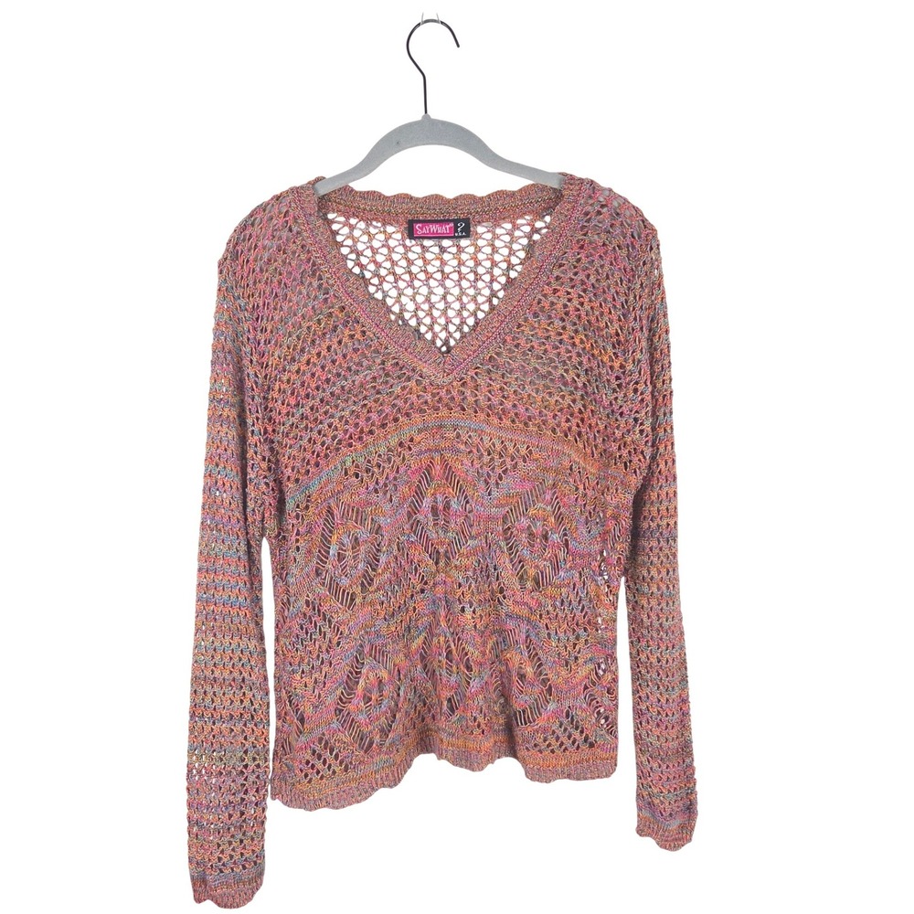 Vtg Y2K Say What Open Knit Crochet Sweater Rainbow Large Boho Festival Hippie
